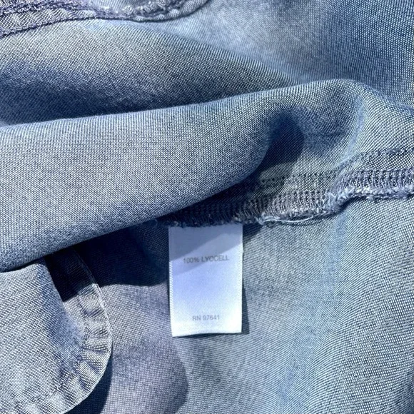 J Jill Blue Denim Check Dress Womens M Plaid Long Sleeve Button Up Distress Boho - Picture 10 of 13